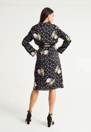 Liquorish Pink Floral Print Shirt Dress In Black