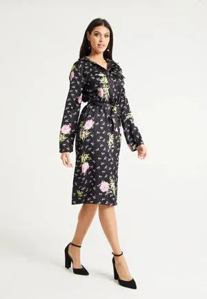 Liquorish Pink Floral Print Shirt Dress In Black