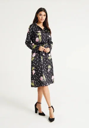 Liquorish Pink Floral Print Shirt Dress In Black