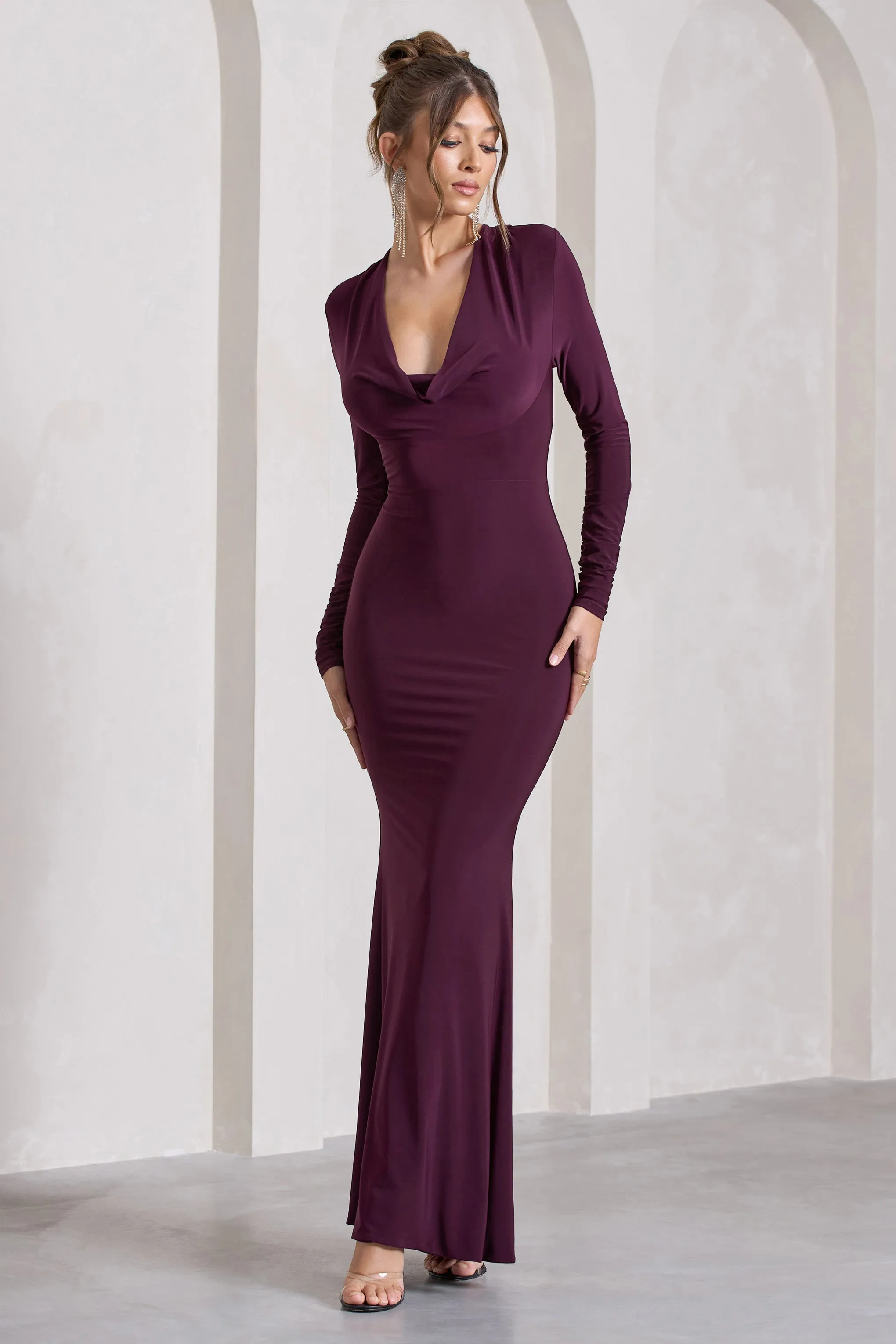 My Attention | Plum Plunge Cowl-Neck Long-Sleeve Maxi Dress