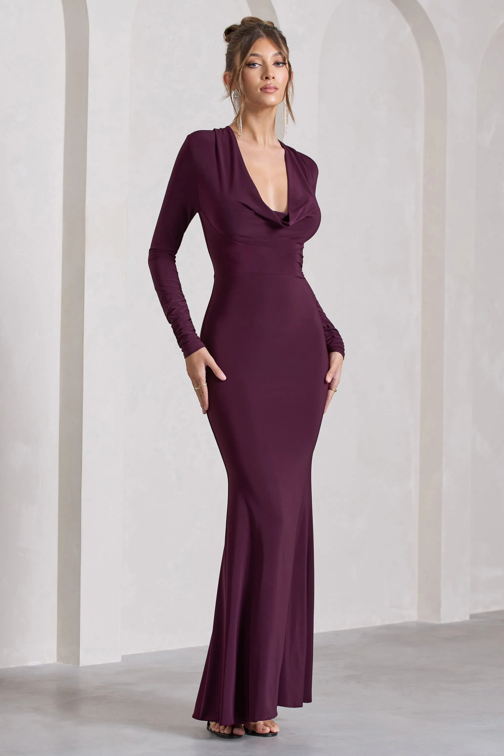 My Attention | Plum Plunge Cowl-Neck Long-Sleeve Maxi Dress