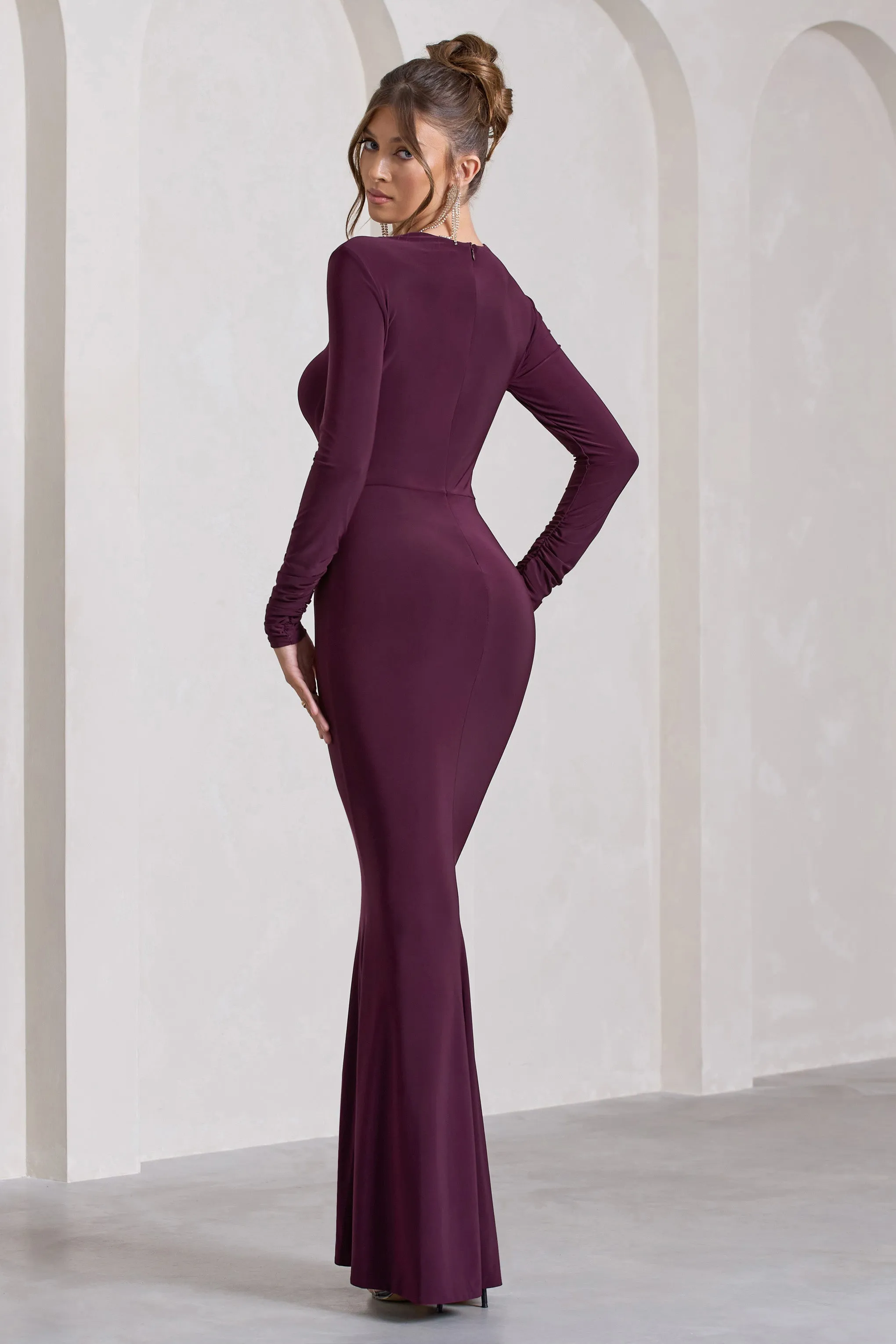 My Attention | Plum Plunge Cowl-Neck Long-Sleeve Maxi Dress