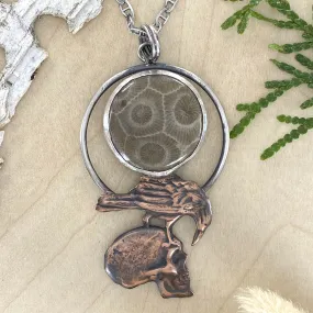 Petoskey Stone with Raven and Skull Pendant Necklace