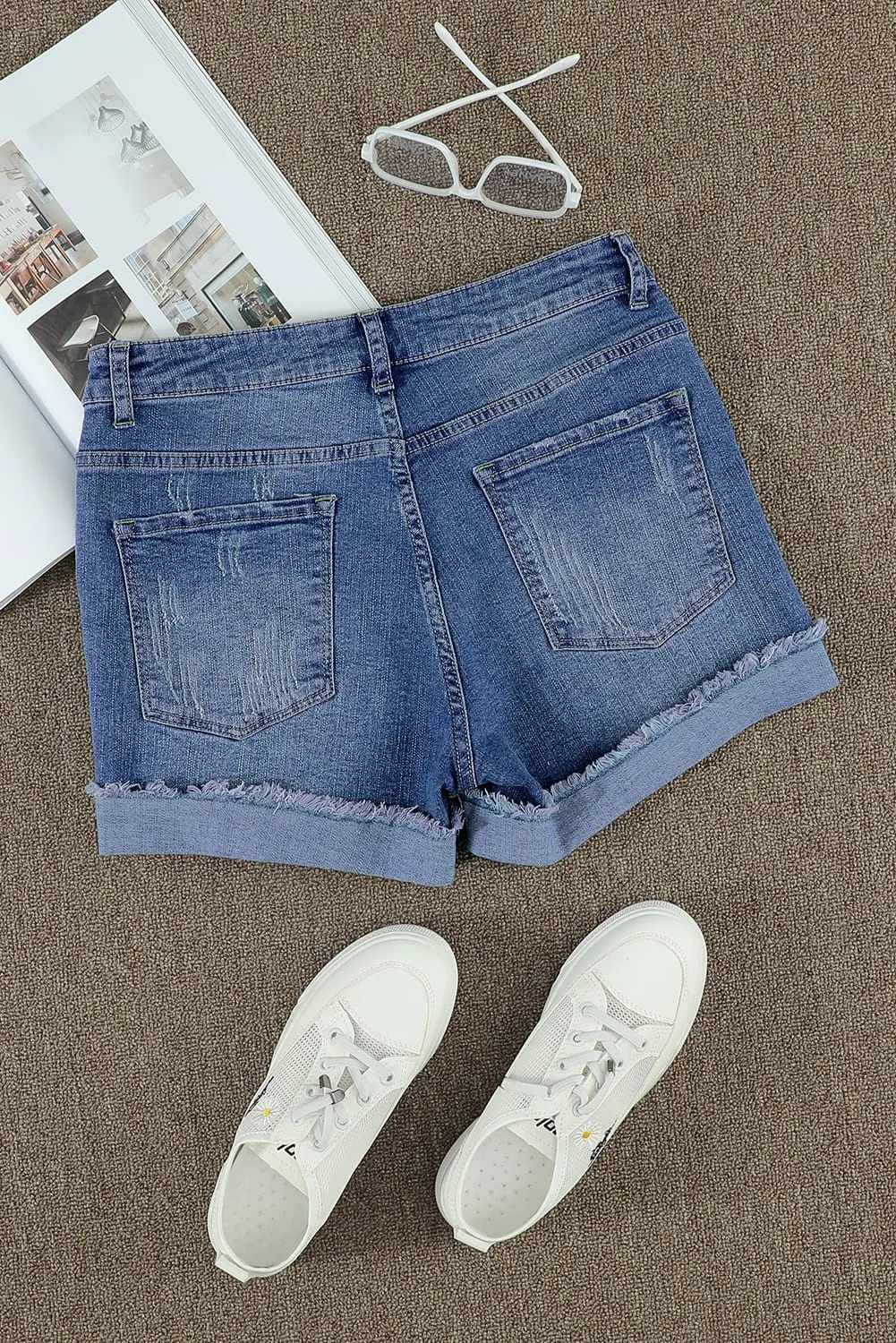 Ripped Patchwork Hem Denim Shorts for Women