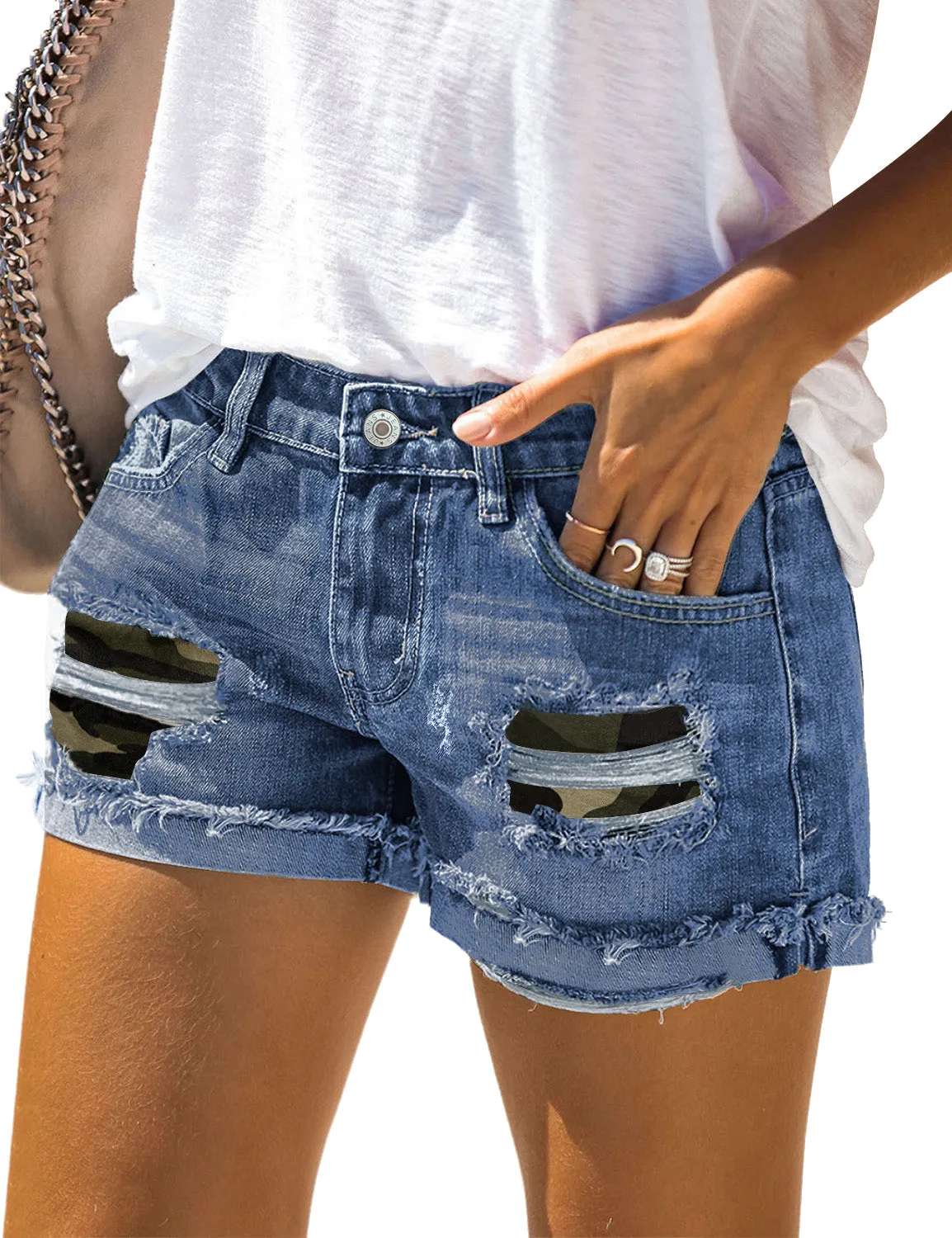 Ripped Patchwork Hem Denim Shorts for Women