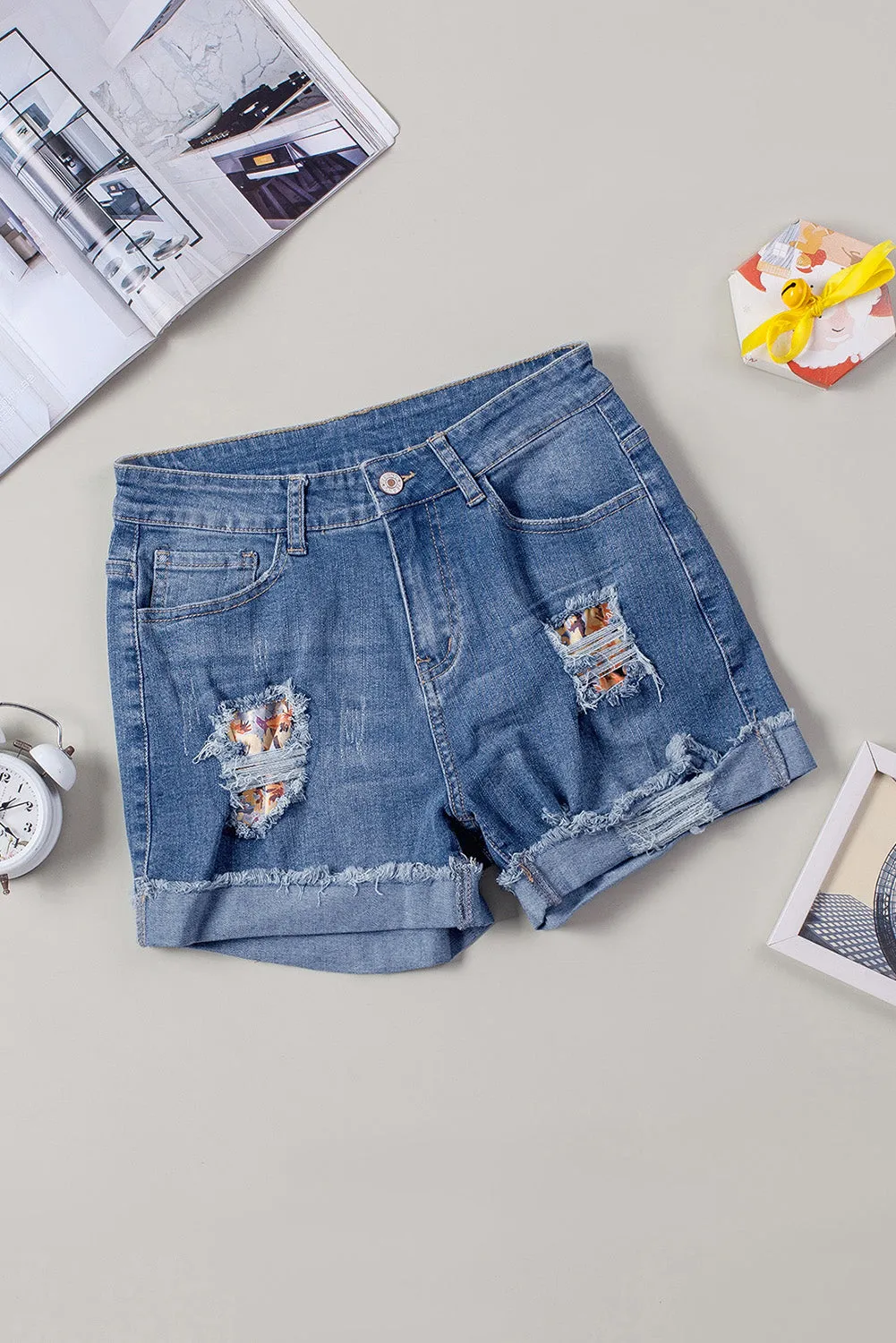 Ripped Patchwork Hem Denim Shorts for Women