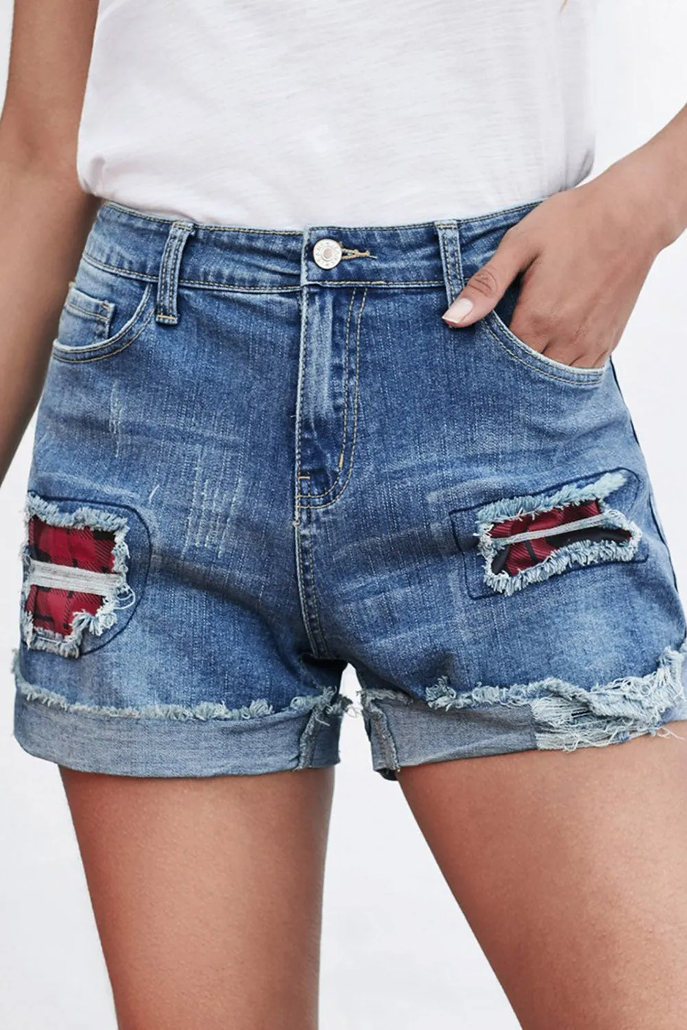 Ripped Patchwork Hem Denim Shorts for Women