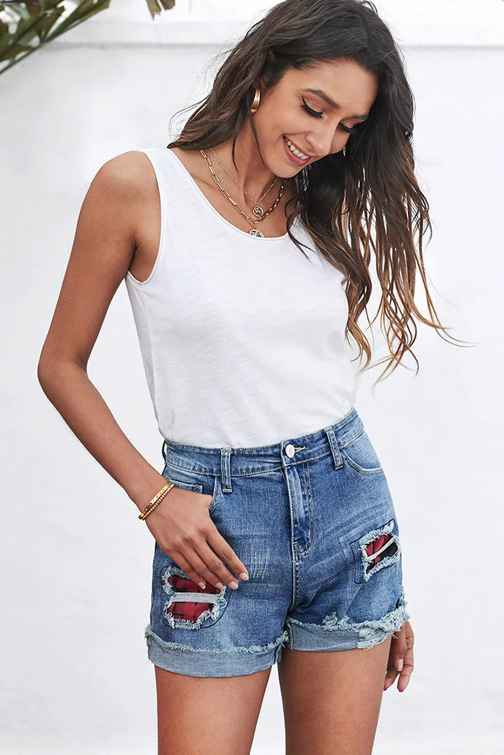 Ripped Patchwork Hem Denim Shorts for Women