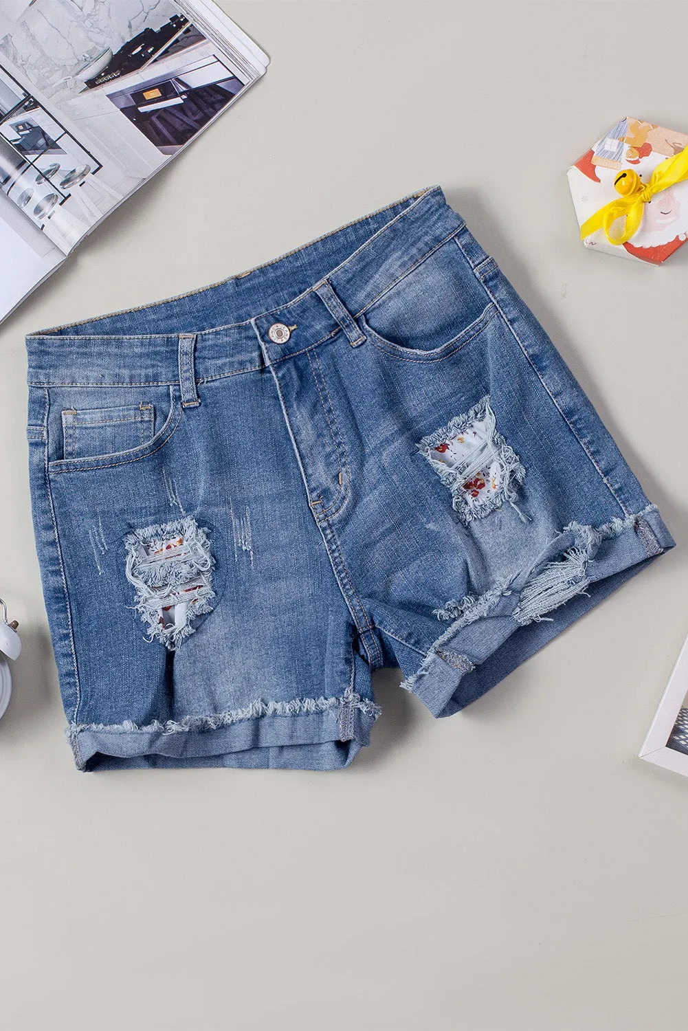 Ripped Patchwork Hem Denim Shorts for Women