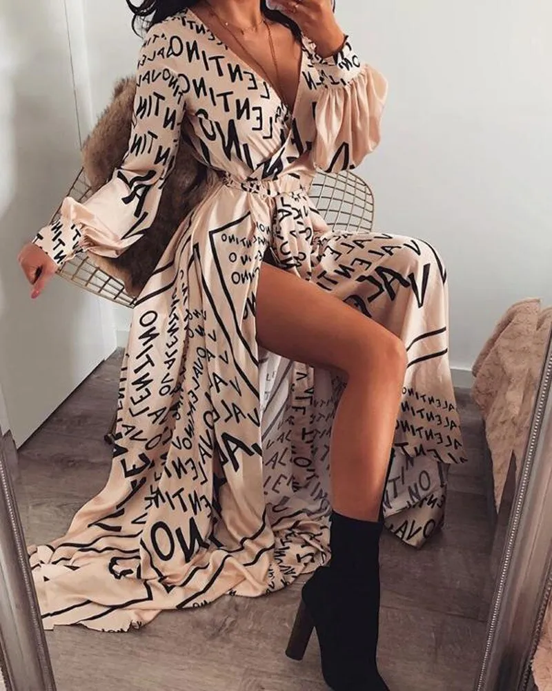 Sexy Women Dress Long Maxi V-neck Lantern Long Sleeves Letter Print Ethnic Summer Autumn Beach Split Boho Style Dress Sundress