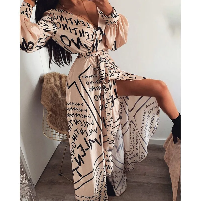 Sexy Women Dress Long Maxi V-neck Lantern Long Sleeves Letter Print Ethnic Summer Autumn Beach Split Boho Style Dress Sundress