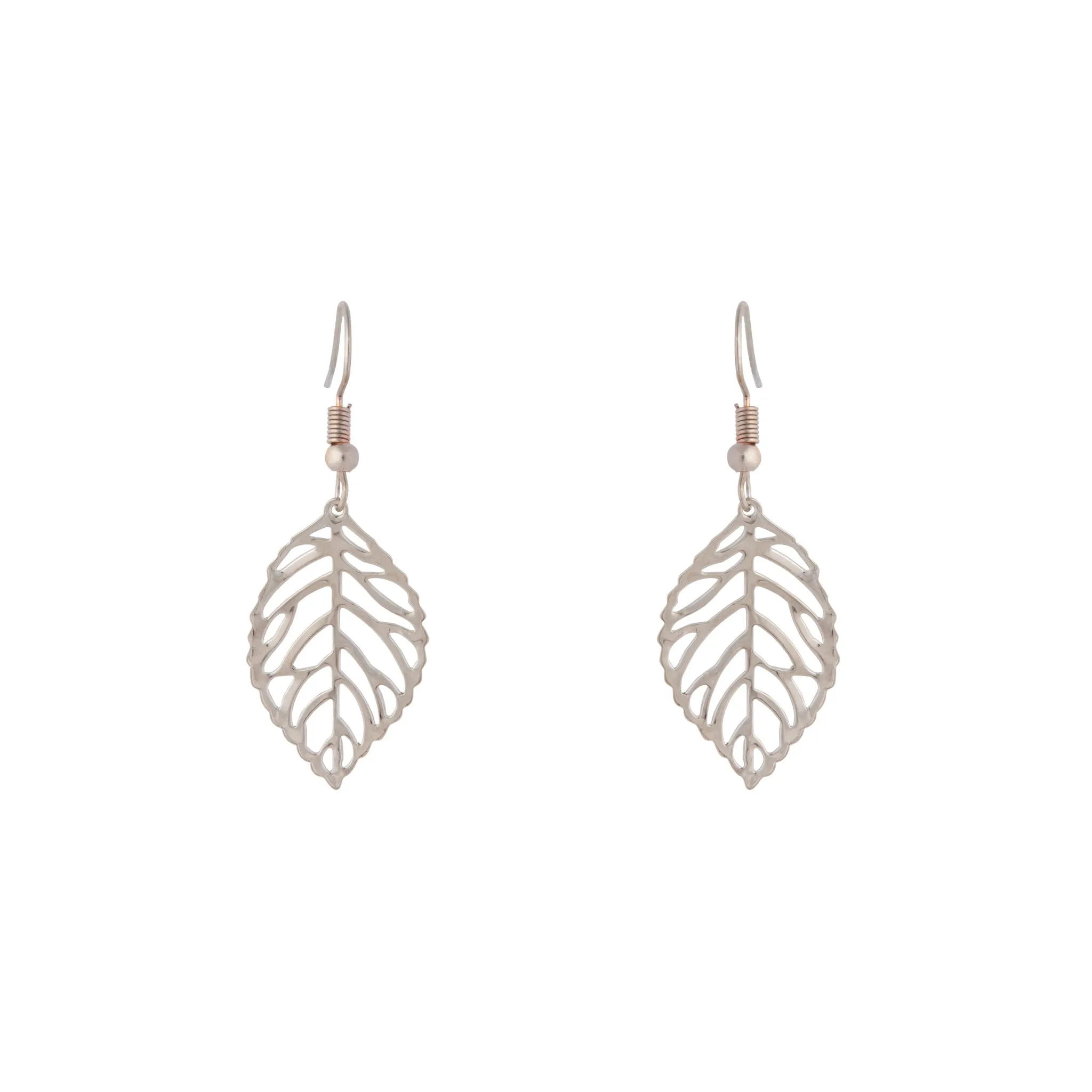 Silver Single Leaf Filigree Drop Earrings