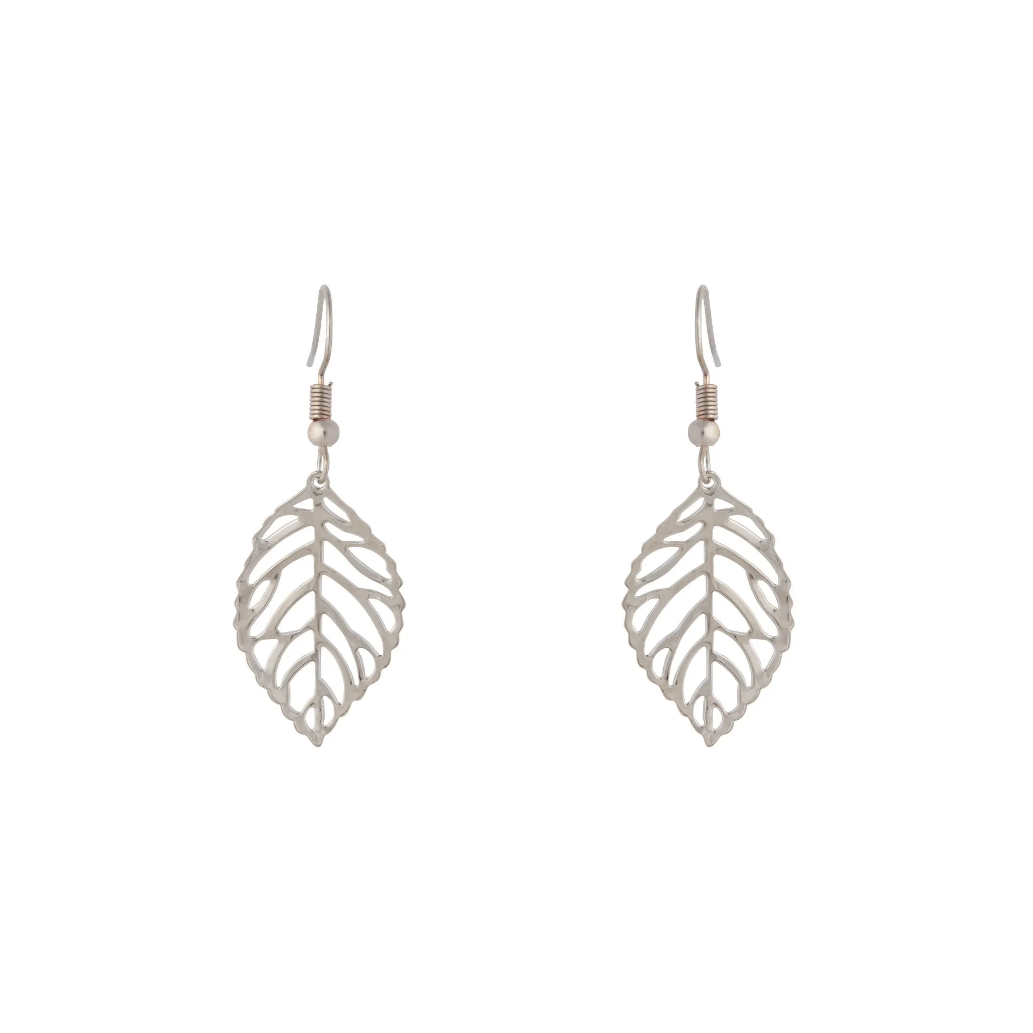 Silver Single Leaf Filigree Drop Earrings