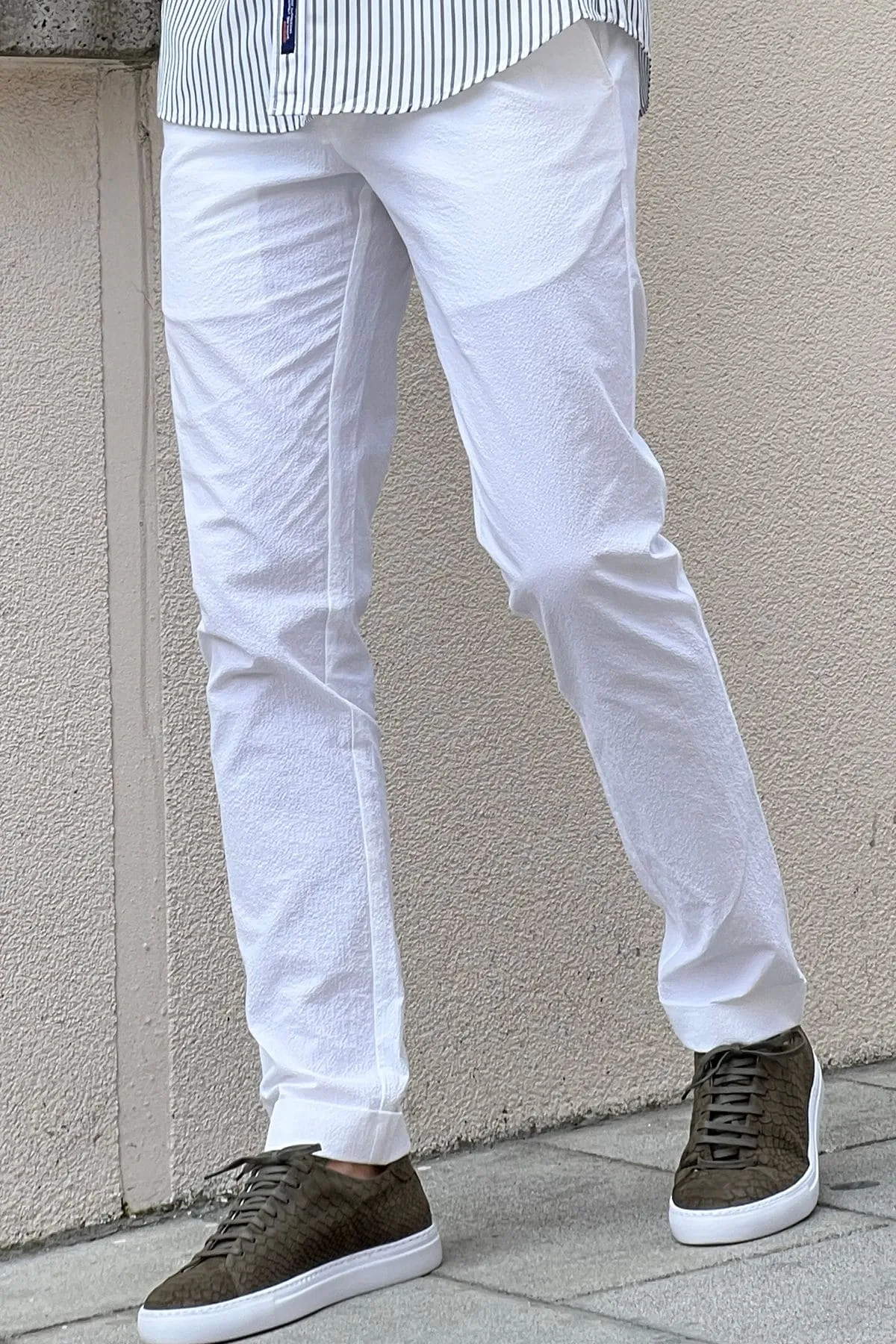 Slim-fit Self Patterned Side Pocket White Cotton Pants