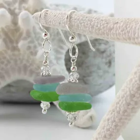 Soft Blue, Sun Purple & Lime Green Sea Glass Sea Stack Earrings with Swarovski Crystals | #3003