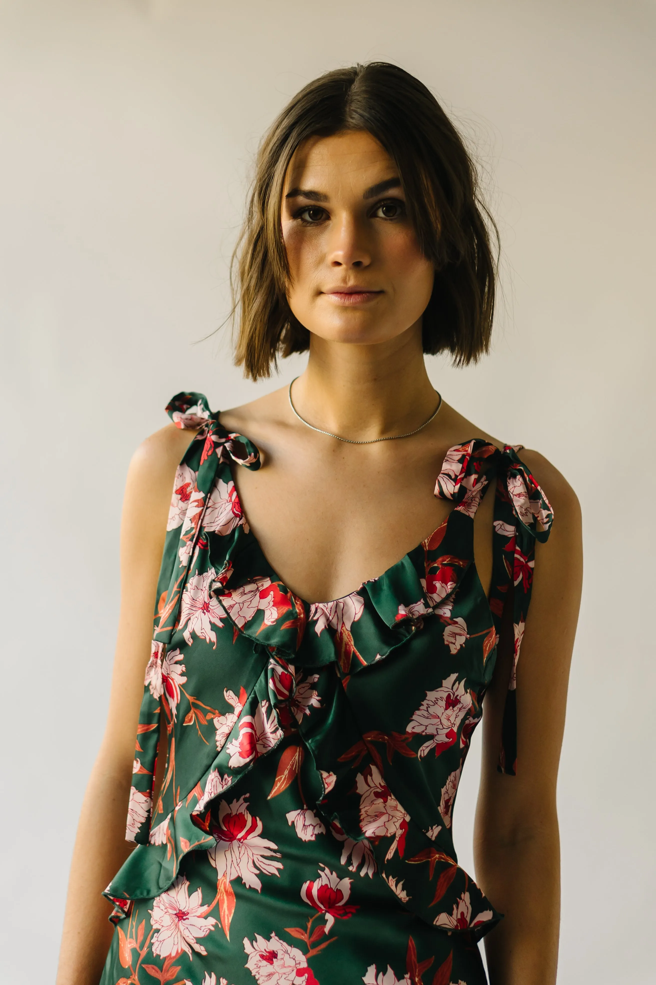 The Etna Shoulder Tie Floral Midi Dress in Green Multi