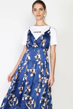 Tier Blue Floral Strappy Midi Silky Satin Dress