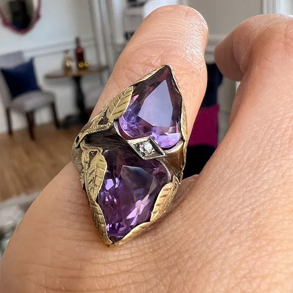 Vintage Arts & Crafts Style Amethyst & Diamond Ring