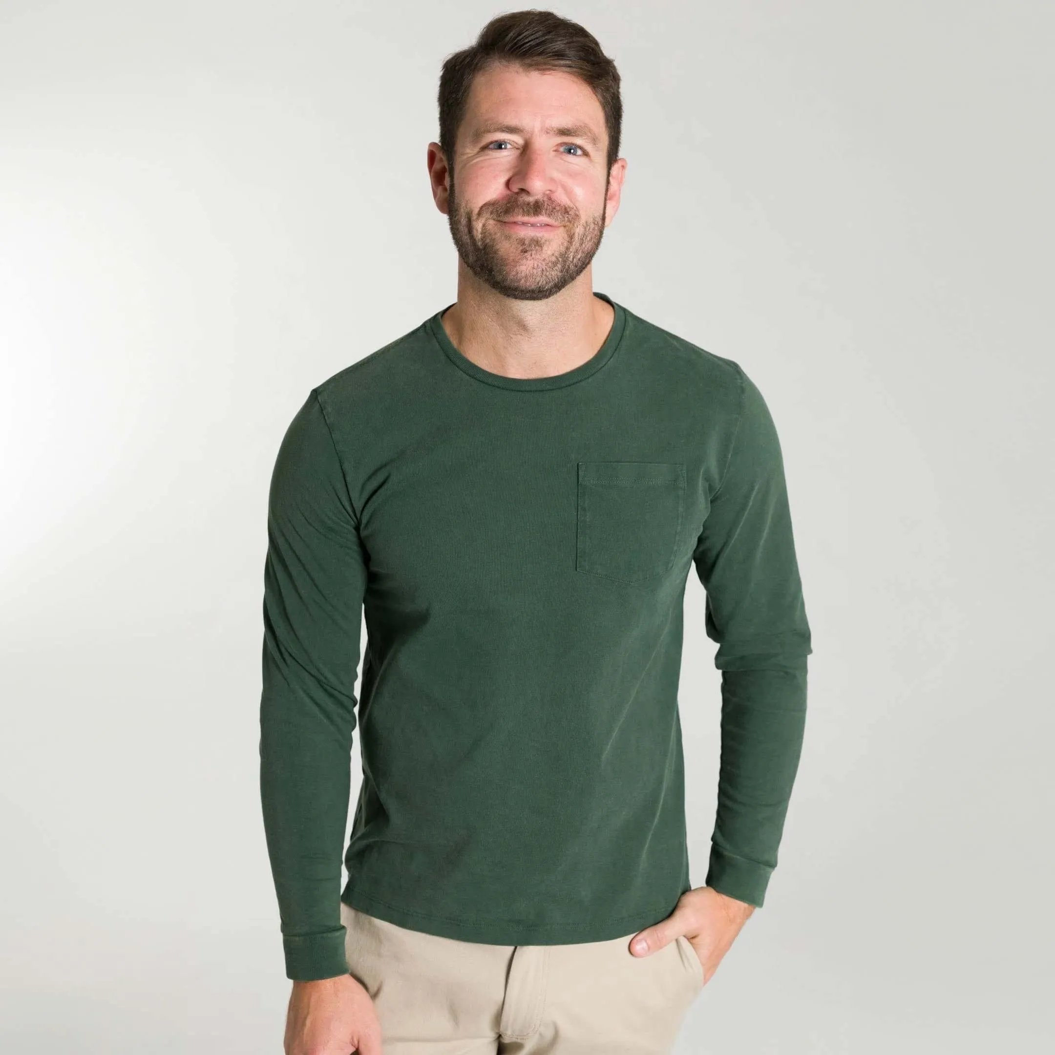 Washed Green Long Sleeve Pima Cotton Crew Neck Tee