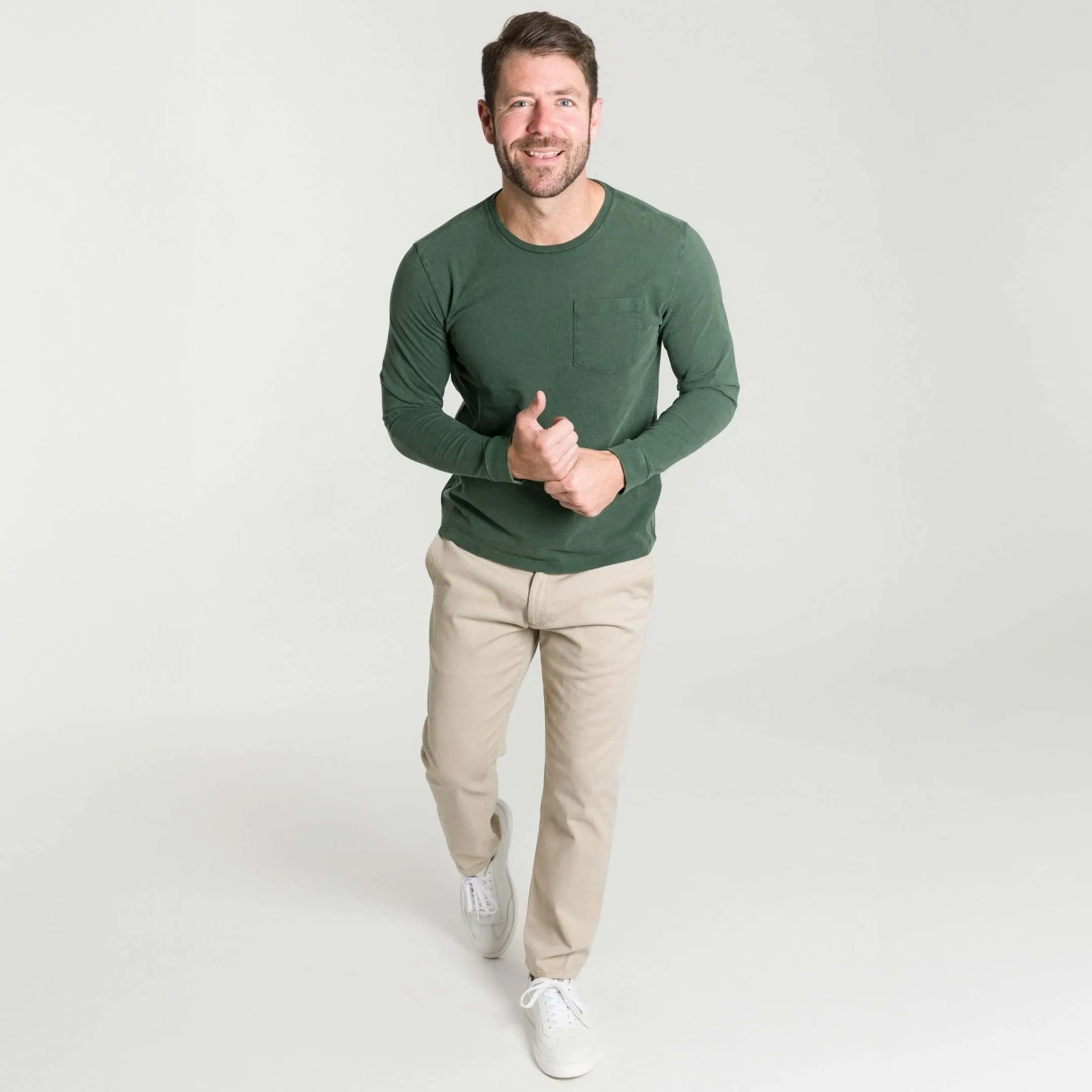 Washed Green Long Sleeve Pima Cotton Crew Neck Tee